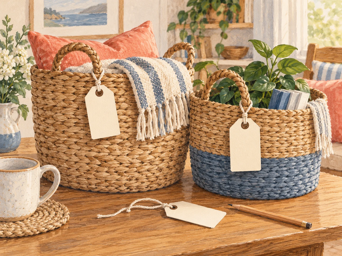 Illustration of removable tags tied to woven basket handles.