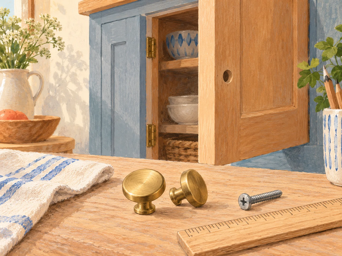 Illustration of round cabinet knobs, a screw and a measuring ruler.