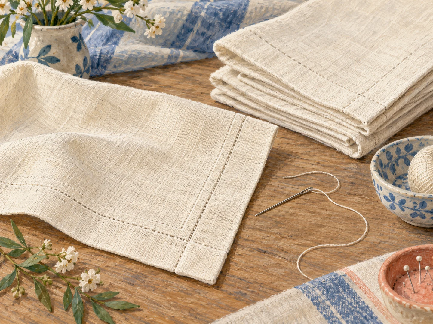 Illustration of cloth napkins with neat square hemmed corners.
