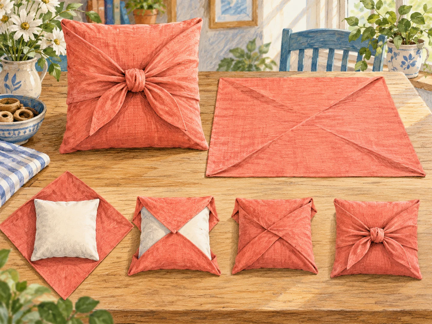 Illustration of a square cushion wrapped with fabric and tied at the front.