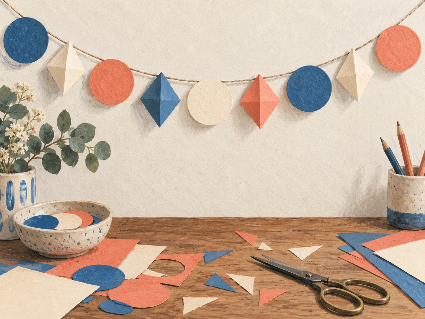 Illustration of a cut-paper garland with paper scraps and scissors.