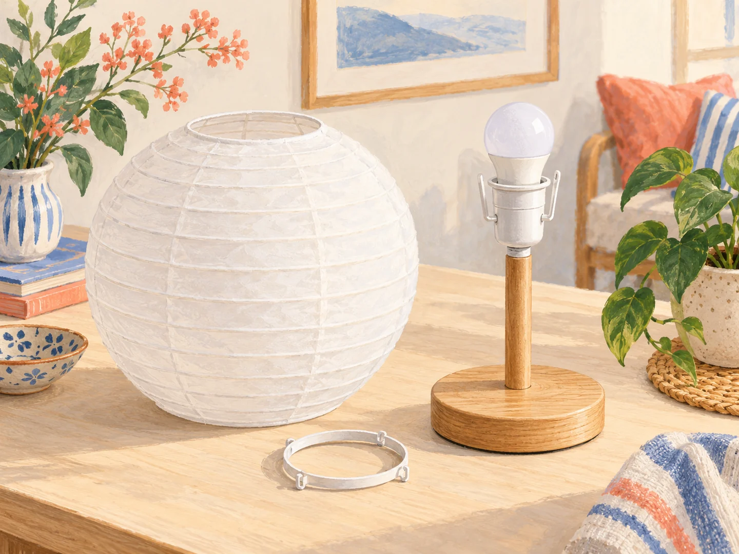 Illustration of a paper lampshade beside a compatible lamp fitting.