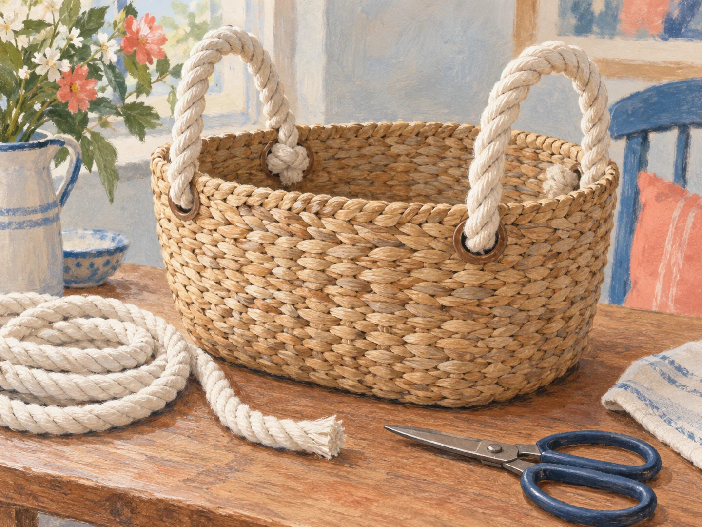 Illustration of a basket fitted with cotton rope handles.