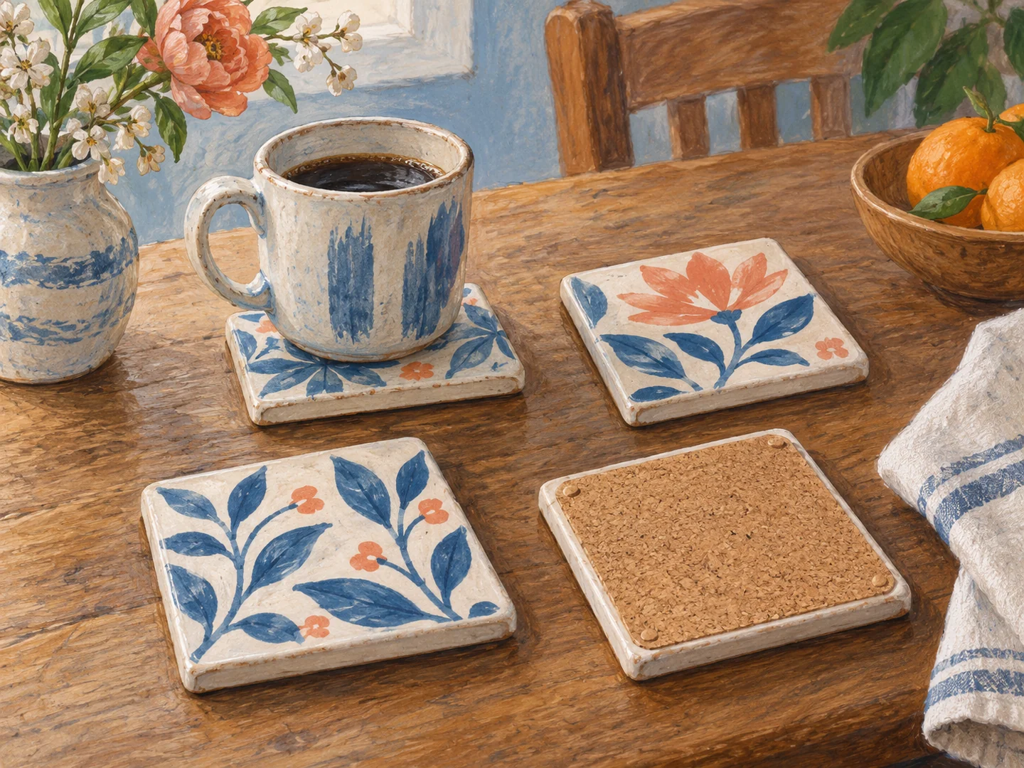 Illustration of tile coasters with cork backing protecting a wooden table.