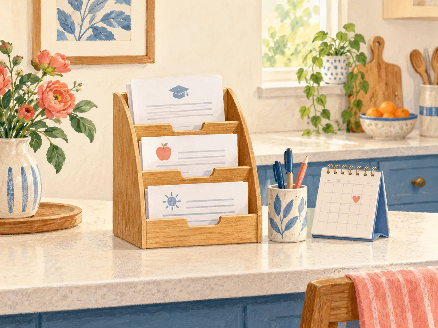 Illustration of school papers contained in a kitchen paper sorter.