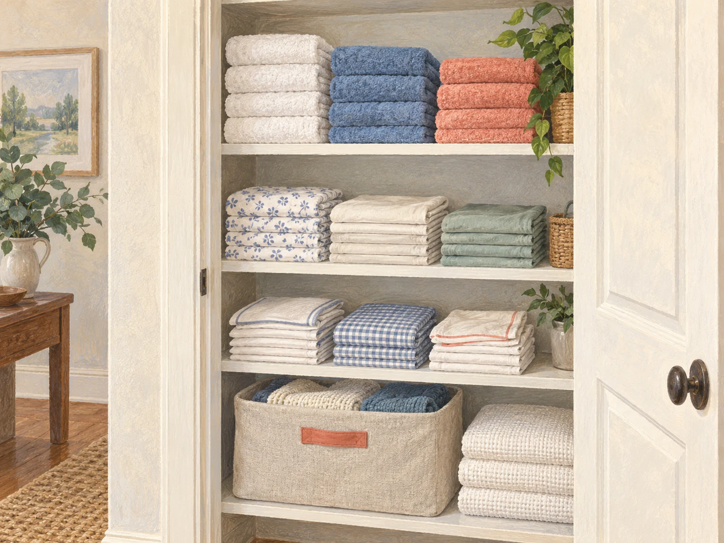 Illustration of folded towels and bedding arranged in a linen closet.
