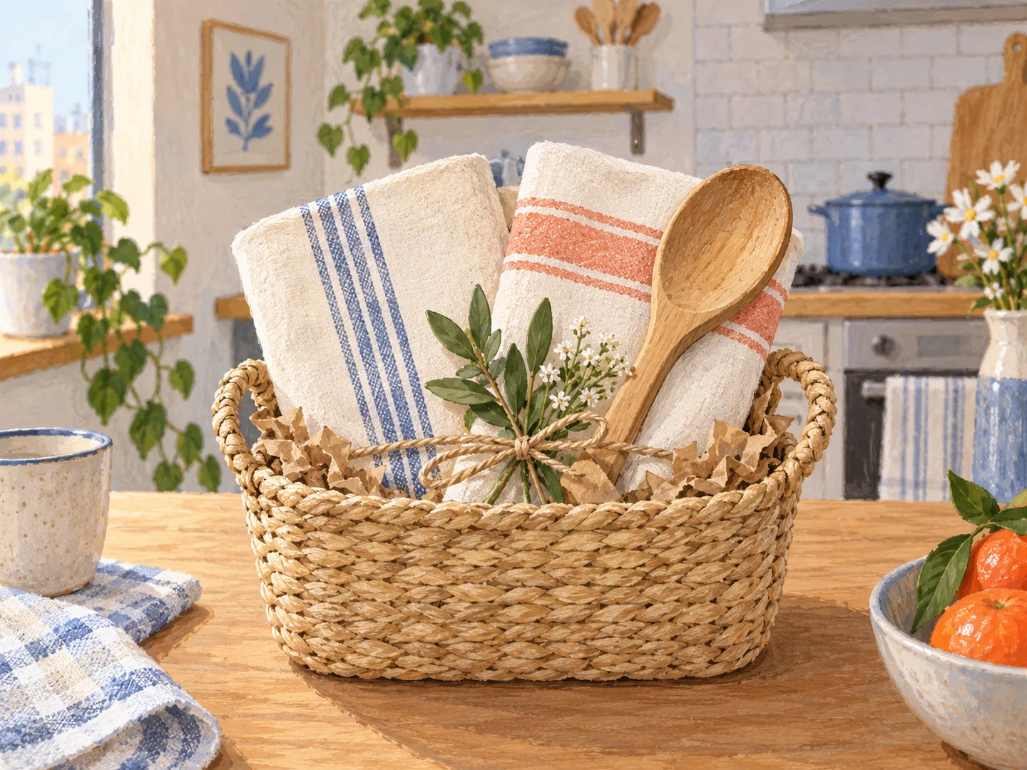 Illustration of a compact housewarming basket with kitchen linens and a spoon.