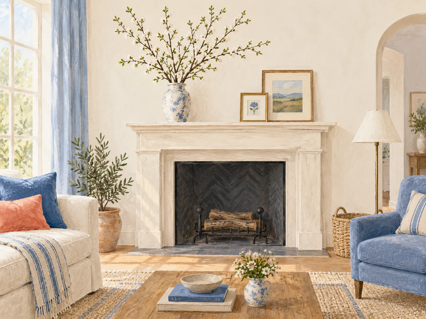 Illustration of spring branches arranged on a fireplace mantel.
