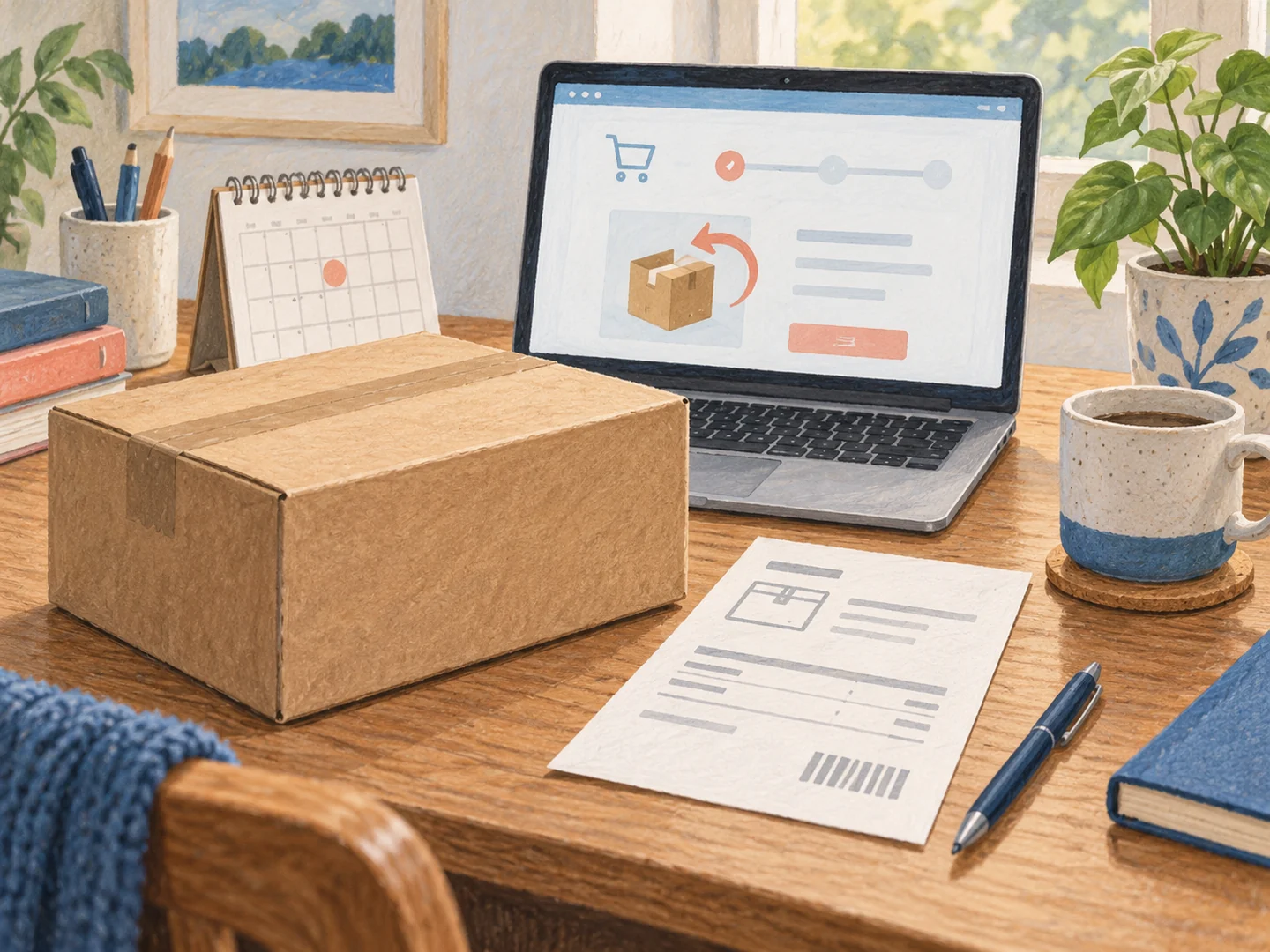 Illustration of return paperwork beside a homeware parcel and laptop.