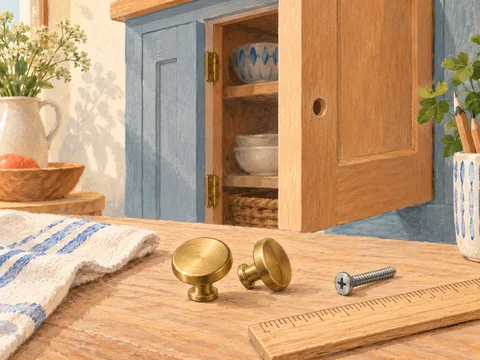 Illustration of round cabinet knobs, a screw and a measuring ruler.