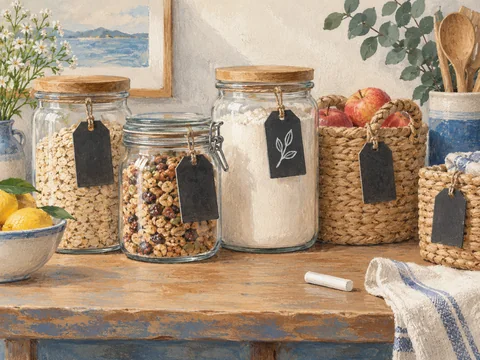 Illustration of chalkboard tags attached to storage jars and baskets.
