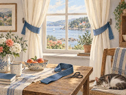 Illustration of curtains held back by broad fabric ties.