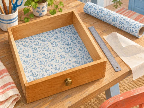 Illustration of removable patterned paper being measured inside an open wooden drawer.
