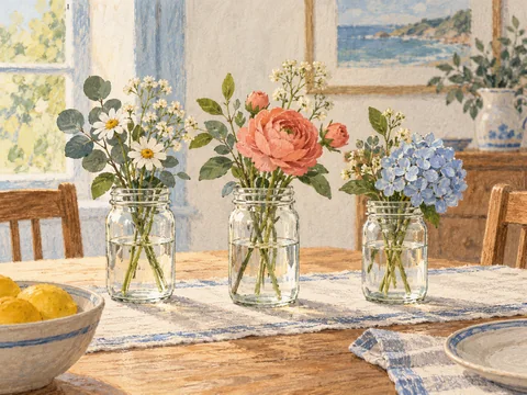 Illustration of small flowers arranged in three preserving jars.