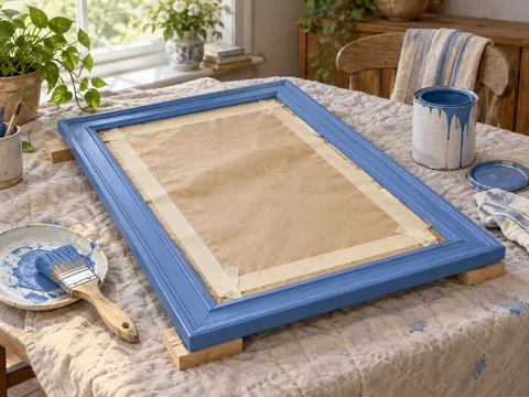 Illustration of a mirror frame being painted with the glass masked off.