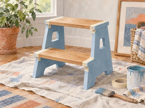 Illustration of a wooden step stool with painted sides and natural wood treads.