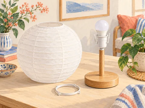 Illustration of a paper lampshade beside a compatible lamp fitting.