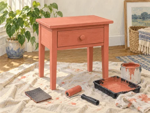 Illustration of a small side table with painting supplies nearby.