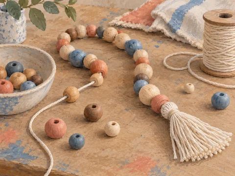 Illustration of wooden beads threaded onto a cord with a cotton tassel.