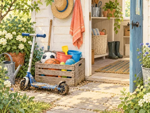 Illustration of outdoor toys stored in a crate near a garden shed.