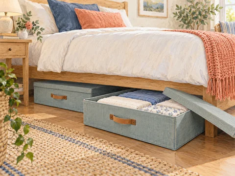 Illustration of shallow storage boxes sliding out from under a bed.