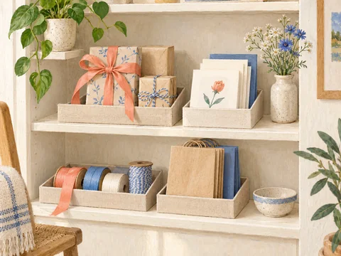 Illustration of a small gift cupboard with cards, wrapping and a few gifts.