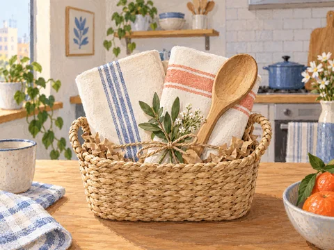 Illustration of a compact housewarming basket with kitchen linens and a spoon.