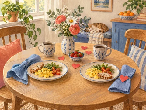 Illustration of a Valentine's breakfast table with reusable decorations.