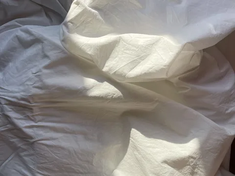 The folds and creases of a white bed sheet.
