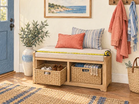 Illustration of an entry bench with open storage cubbies and a basket.