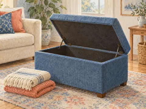 Illustration of an open storage ottoman with folded blankets beside it.