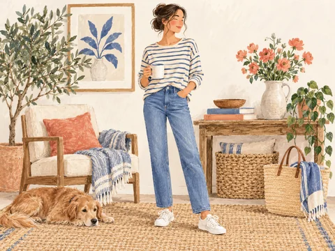Illustration of straight-leg jeans worn with a striped top and flat sneakers.